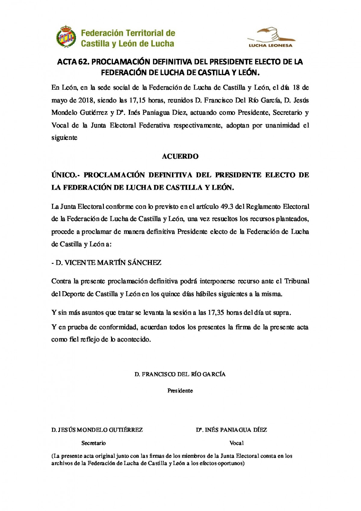 ACTA62.proclamaciondefinitivadelpresidentedelafederaciondeluchadecastillayleon