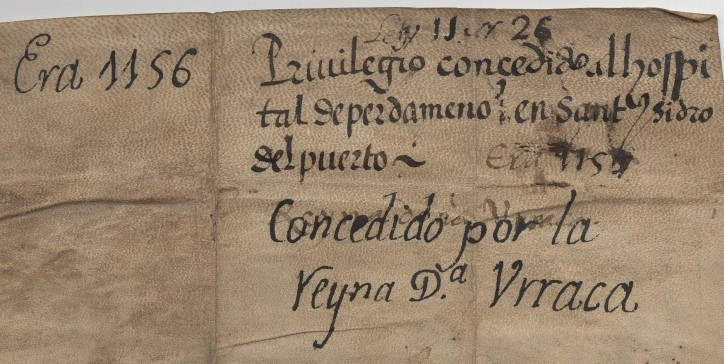 Reverso del privilegio concedido por la reina Dª Urraca de la Era 1156 (año 1118 según el calendario