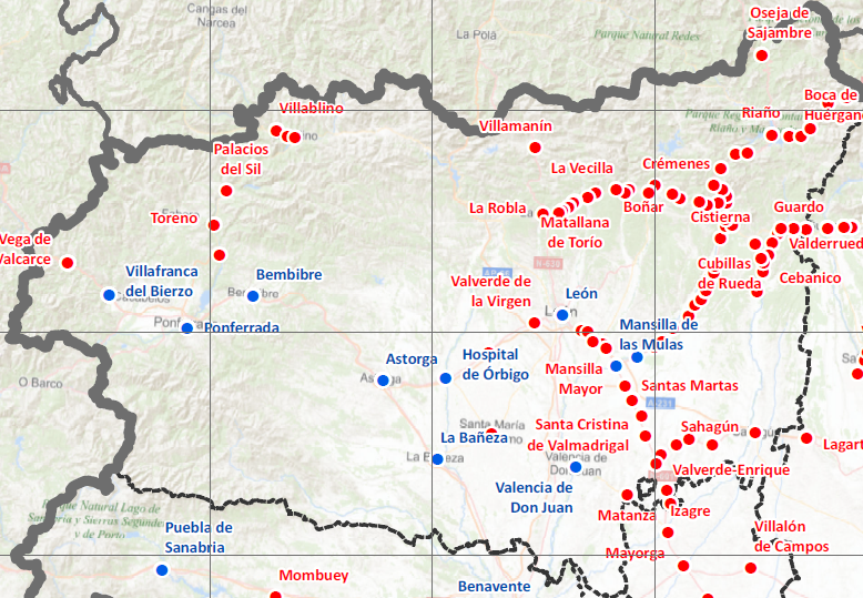 Mapa concesional  transportes paradas suprimidas provincia de leon