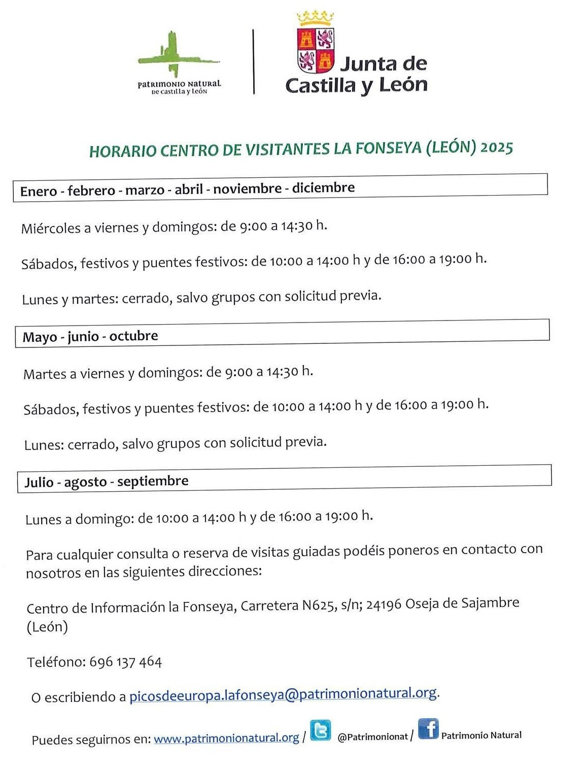 Horarios centro visitantes sajambre 2025