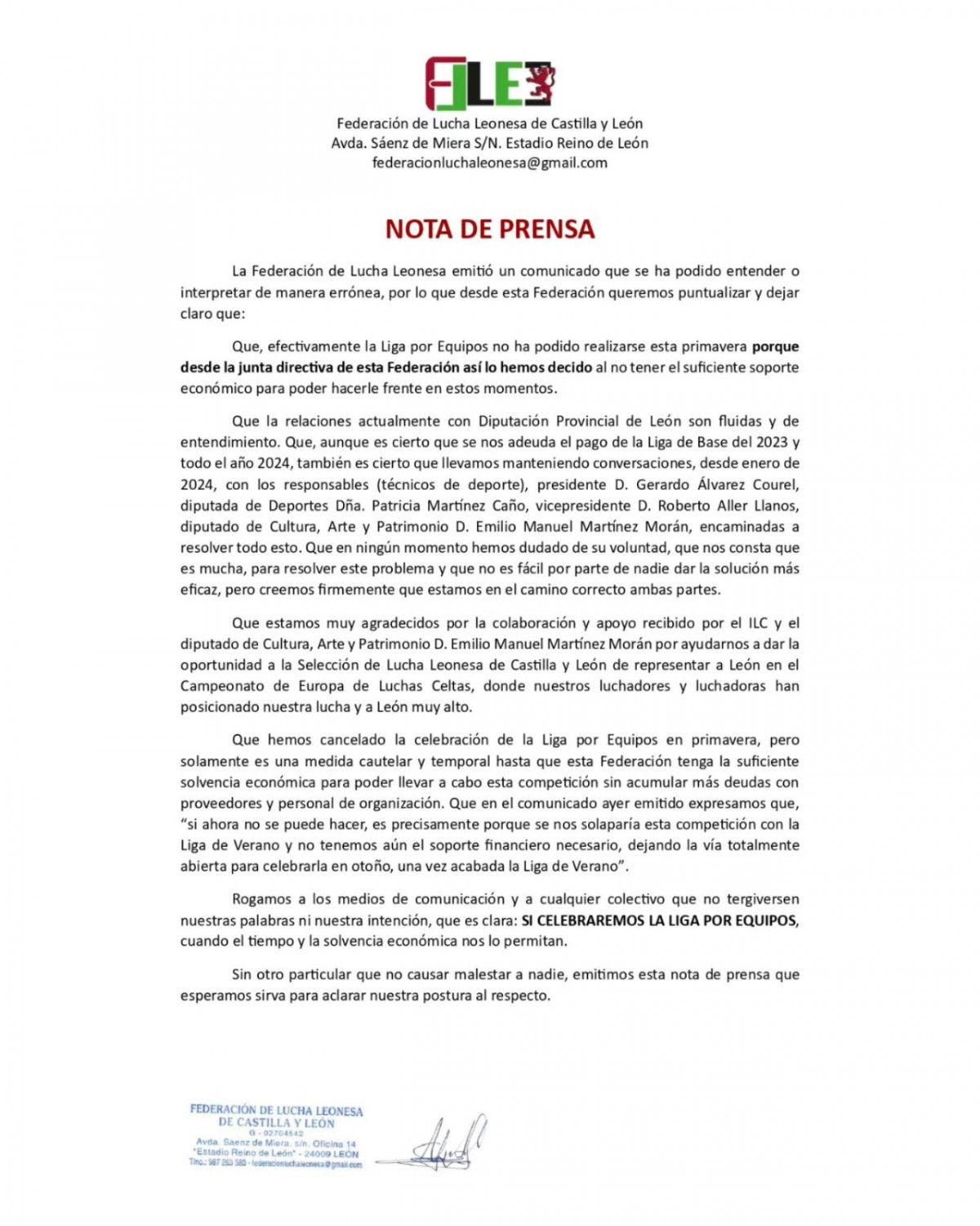 Nota de prensa federacion lucha leonesa